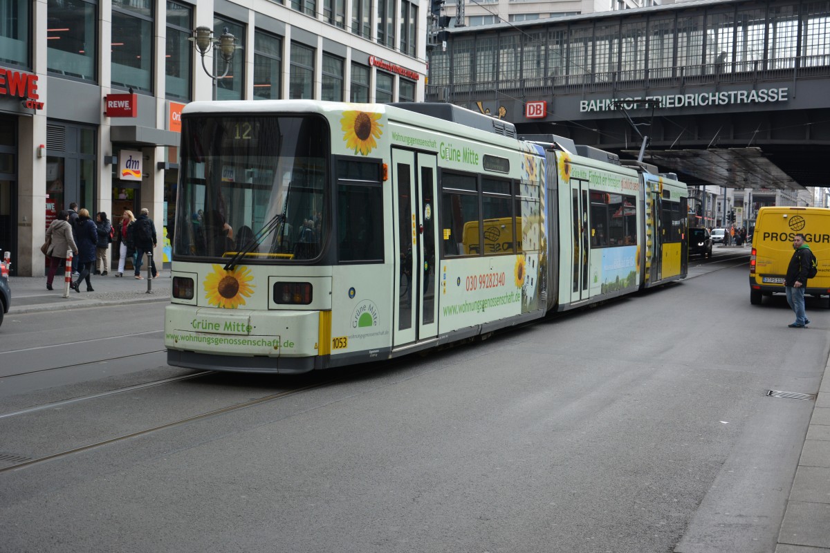 GT6N Niederflurstraßenbahn  1053  fährt am 13.03.2015 auf der Linie 12 zum Kupfergraben. Aufgenommen in Berlin, Friedrichstraße.
