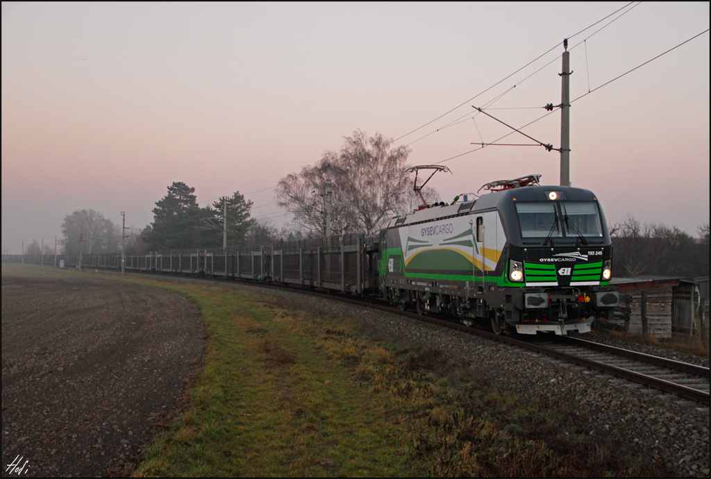 GySEV 193.245 fuhr am 23.12.15 mit dem SLGAG 48997 von Passau Gbf nach Ebenfurth. Hier bei der Einfahrt in den Endbahnhof.