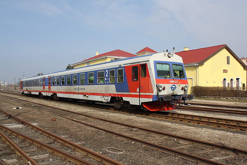 GySEV 446 517-1 (ehemals BB 5147) als R 7719 von Wr. Neustadt nach Sopron am 08.Mrz 2014 im Bf. Sopron-Deli.