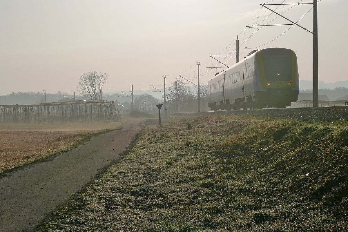 H�tte RE 3226 von Lindau nach Ravensburg am 19.03.2020 bei Gohren keine 22 Minuten Versp�tung gehabt, w�re der morgendliche Bodennebel im Vordergrund dichter gewesen. Der Nebel hatte sich bis zum Gleisbett ausgedehnt und das Bild h�tte meiner Meinung nach an Spannung gewonnen.