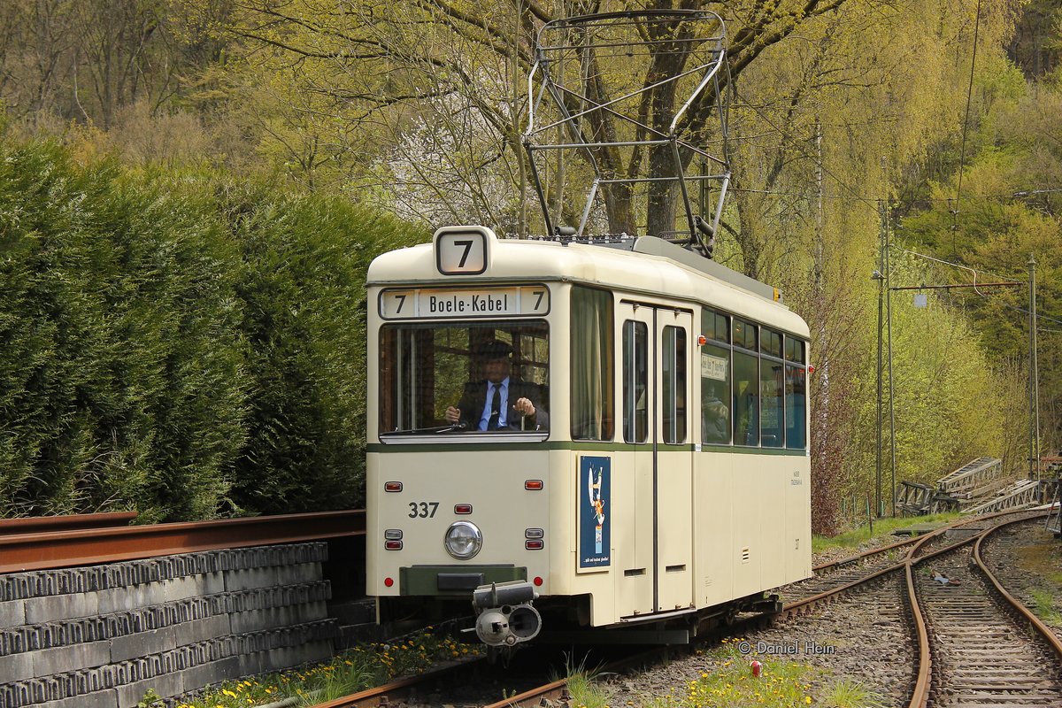 Hagener Straßenbahn 337 im Straßenbahnmuseum Kohlfurth in Wuppertal, am 24.04.2016.