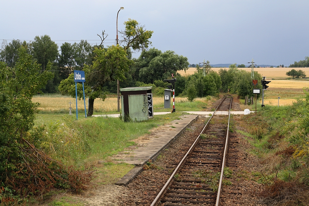 Haltestelle Lhotice u. Lemnice, Blickrichtung Lemnice, am 14.Juli 2018.