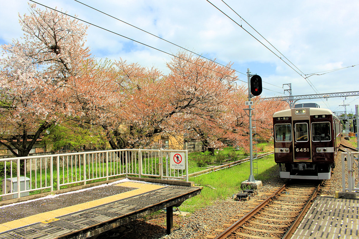 Hankyû-Konzern, Arashiyama Linie: Diese Linie ist einfach trassiert; sie hat nur zwei Zwischenstationen. Hier fährt der Vierwagenzug 6351 (...6451) in Arashiyama ein. 8.April 2015.
