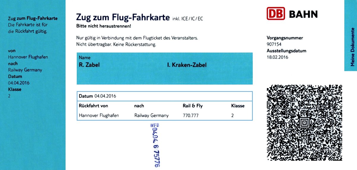 HANNOVER, 04.04.2016, Zug-zum-Flug-Fahrkarte von Hannover Flughafen nach Hause -- Fahrkarte eingescannt