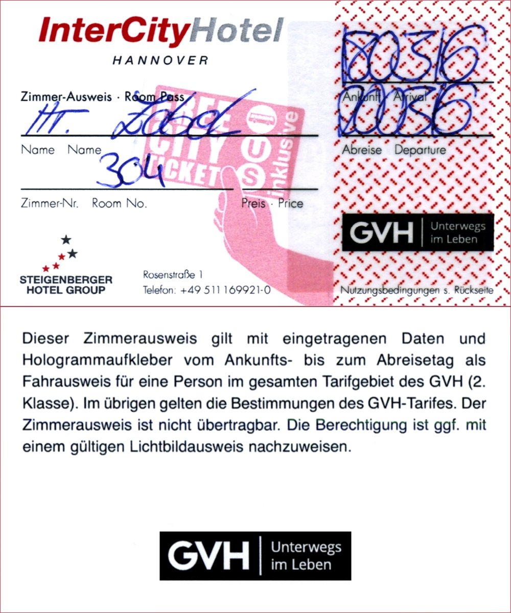 HANNOVER, 18.03.2016, Zimmerausweis des InterCityHotels in Hannover; er berechtigt zur Nutzung des ÖPNV im gesamten Tarifgebiet des GVH (Großraum-Verkehr Hannover) -- Zimmerausweis mit Vorder- und Rückseite eingescannt