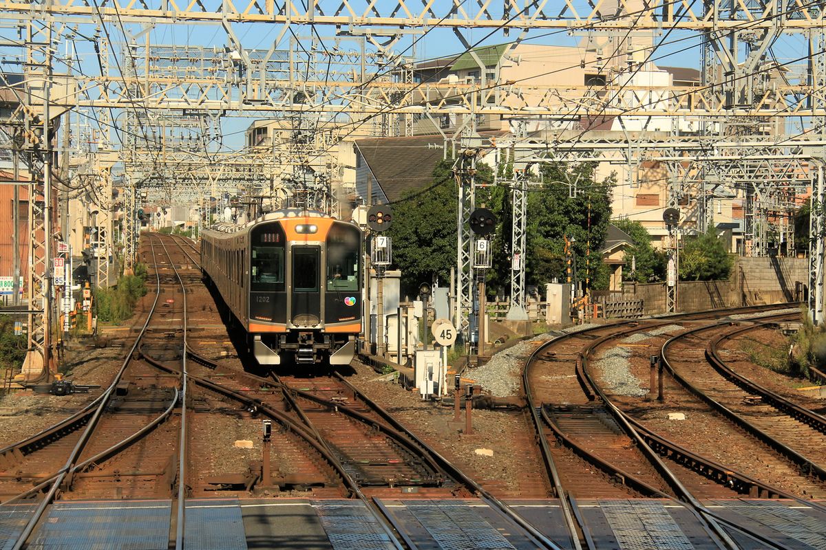 Hanshin Konzern / Kintetsu Konzern: Zug 1202 auf der Kintetsu-Strecke bei der Stadt Nara an der Abzweigung in Richtung Kyôto (nach rechts) oder Ôsaka (geradeaus). Yamato Saidaiji, 7.Oktober 2016.  