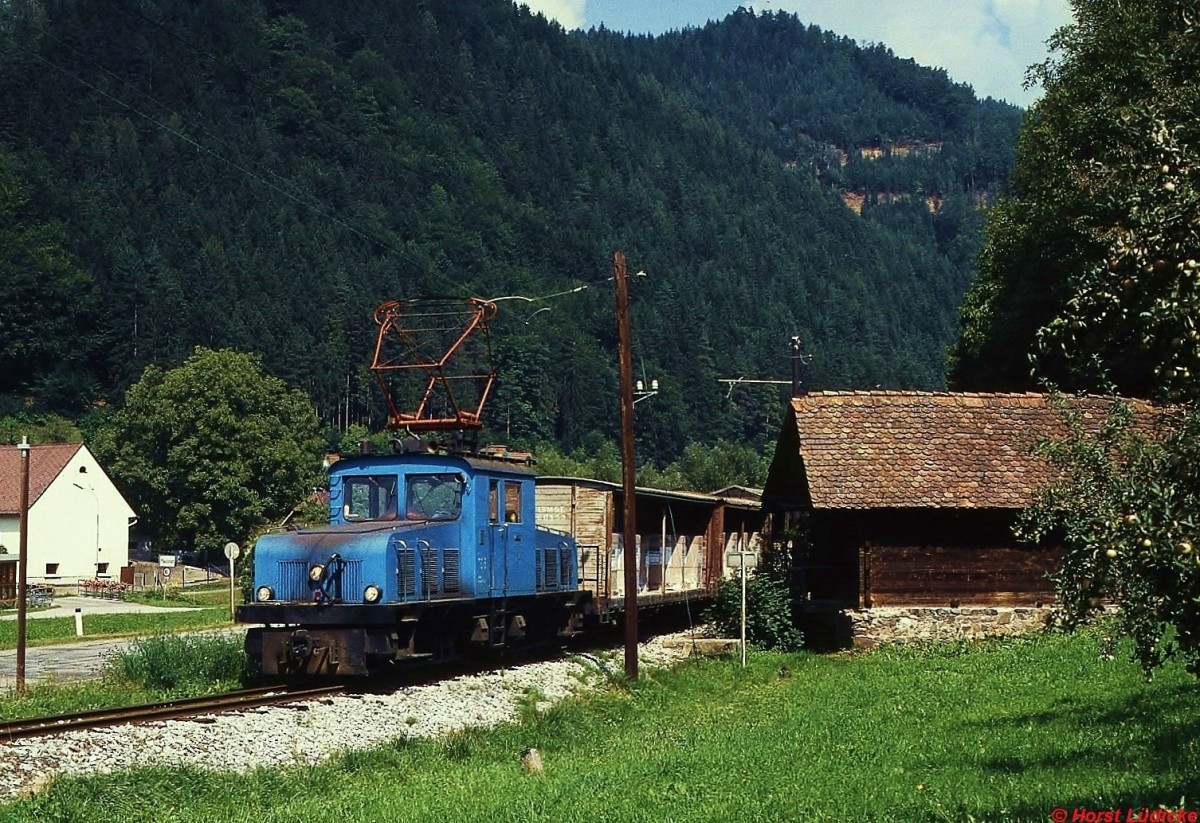 Happy Birthday, Lokalbahn Mixnitz-St. Erhard. Genau heute vor 100 Jahren wurde der planmige Betrieb auf dieser Schmalspurbahn aufgenommen. Im Sommer 1998 ist E 4 mit einem Magnesitzug bei Mautstatt unterwegs.