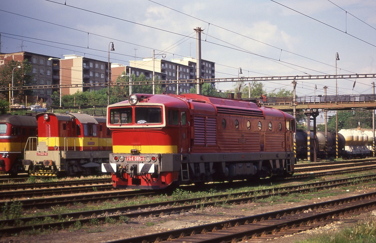Hauptbahnhof Karlovy Vary am 5.6.1991: Vorne wartet die Taucherbrille 754065. Dahinter stehen 771027 und angeschnitten 781529.