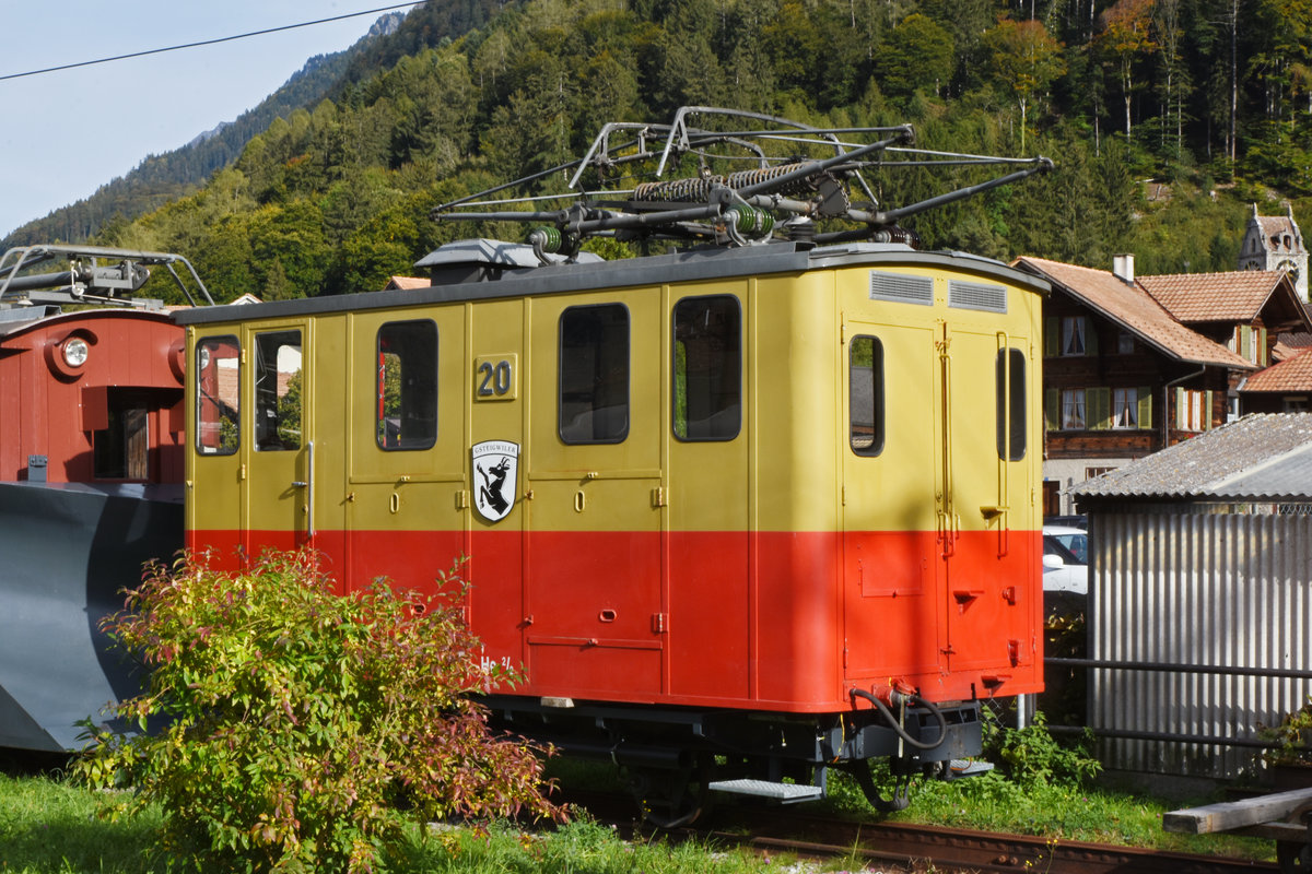 He 2/2 Nr. 20 steht beim Depot der Schynige Platte Bahn. Die Aufnahme stammt vom 12.10.2019.