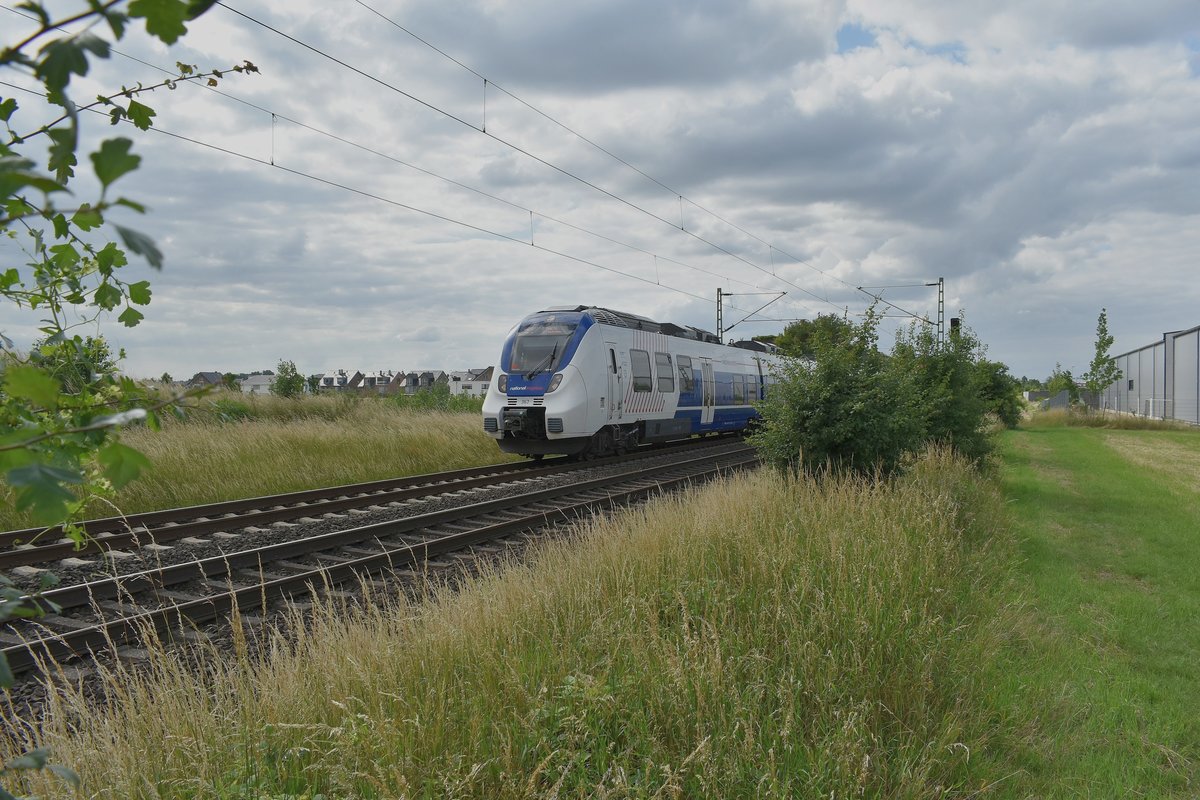 Heckenblitz bei Allerheiligen. Hier in Form des NX 367 der die Spitze eines RE7 nach Münster von Neuss kommend gen Dormagen fährt. 13.6.2018