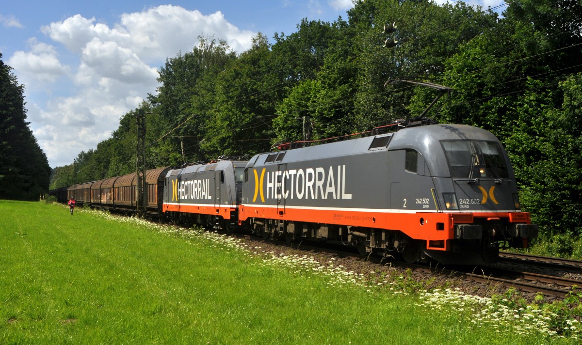 Hecktor Rail 242 502 (182 502)  ZURG  befindet sich mit einer abgebügelten 241 und einem kurzen Schiebewandwagenzug am 15.06.14 zwischen Leckermühle und Bohmte auf der Fahrt in Richtung Bremen.