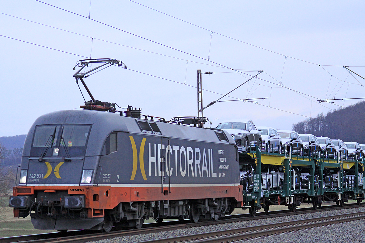 Hectorrail 242 531 am 08.02.2019  9:29 nördlich von Salzderhelden am Bü 75,1 in Richtung Göttingen