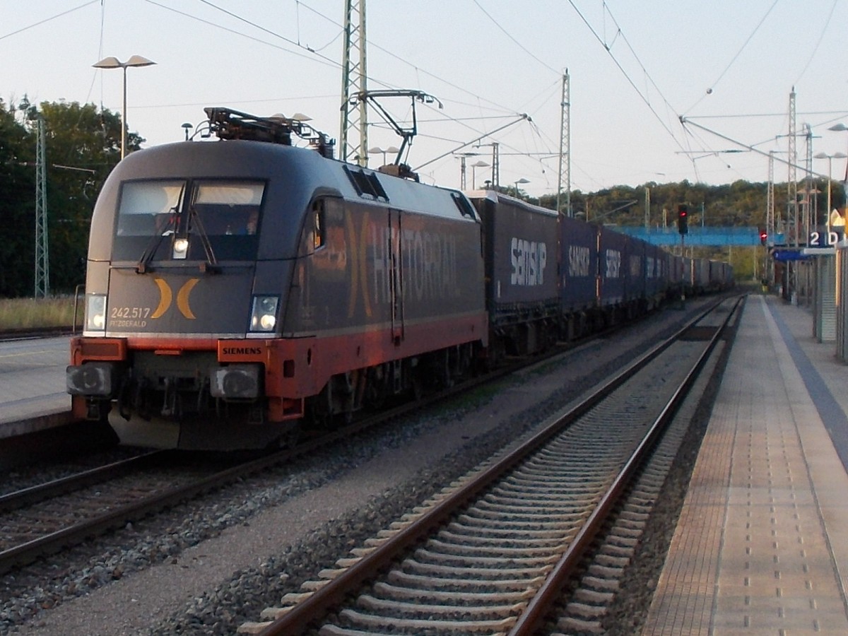 HECTORRAIL mit 242 517 kam mit einem KLV aus Mukran,am 16.Juli 2014,durch Bergen/Rügen.