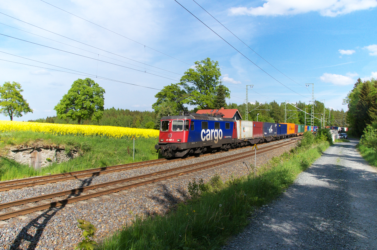 Heidi bringt ihre Container durch das Vogtland. 421 397 und 421 395 als Schublok bringen einen Containerzug aus Hof durch das Vogtland. BÜ Kornbach Strecke 6362 Leipzig - Hof am 18.05.2015