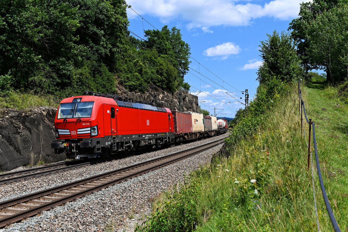 Heldinnen des Alltags - Teil 2: Innerhalb weniger Jahre haben die Vectron-Maschinen aus dem Hause Siemens die Dominanz auf deutschen Schienen übernommen, insbesondere bei privaten EVUs sind sie zahlreich im Einsatz. Aber auch bei DB Cargo sind 100 Stück für den grenzüberschreitenden Verkehr beschafft worden. Und hier kommt die Mehrsystemtechnik auch konsequent zum Einsatz. Oft bespannt die Lok beispielsweise bei der Fahrt von einem Nordseehafen bis nach Norditalien den Zug über den gesamten Laufweg hinweg. Auch wenn bei der Ausstattung eines Vectrons ein gewisser Sparzwang zu bemerken ist, zuverlässig laufen sie. Am 31. Juli 2021 begenete mir die saubere 193 314 vor dem KTE 50223 von Hamburg Billwerder nach Verona Q.E. bei Gundelsheim auf der fränkischen Alb. 
