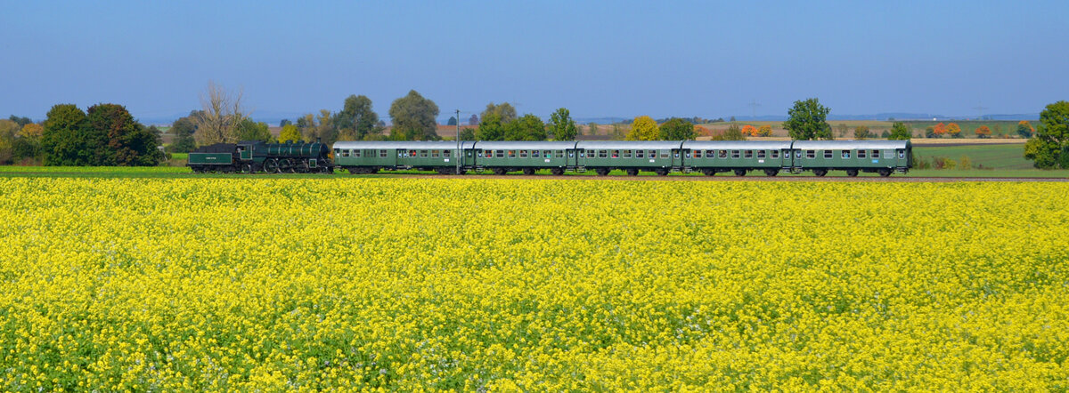 Herbst-Dampftage BEM Nördlingen: Auf der Rückfahrt von Harburg nach Nördlingen kommt S 3/6 3673 Tender voraus mit dem Museumszug kurz vor Nördlingen an einem Raps-Feld vorbei. 09.10.2021