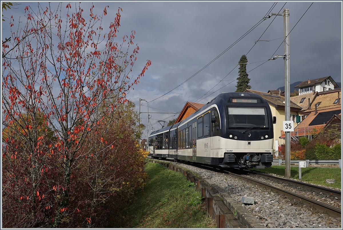 Herbst - und jedes Jahr ein wenig anders, mal früher mal später färben sich die Blätter, mal früher mal später fegt ein Herbststurm die Blätter von Bäumen und Sträuchern…
Der MVR ABeh 2/6 7508 als Regionalzug 2330 von Les Avants nach Montreux bei Planchamp vor einem nur noch spärlich mit roten Blättern versehen Strauch.
6. Nov. 2018