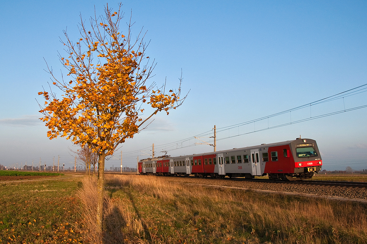 Herbst im Tullnerfeld: S Bahnzug 21038 ist am Nachmittag des 14.11.2014 nach St. Pölten Hbf. unterwegs.