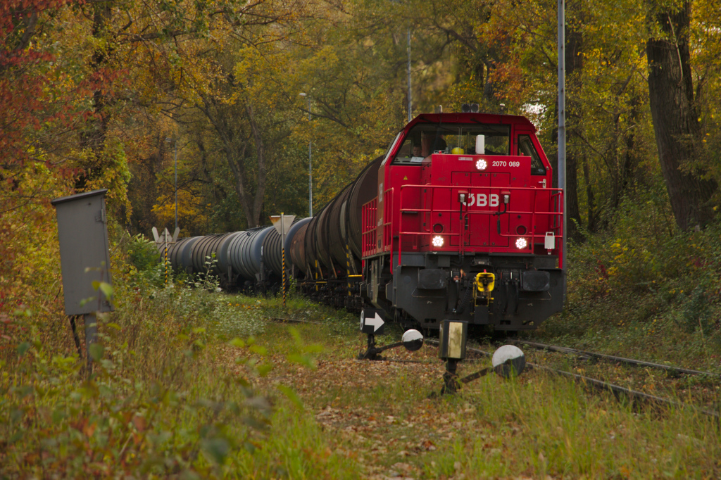 Herbstliche Stimmung in der grnen Hlle nahe dem Tanklager Lobau. Die 2070 089 zieht einen schier endlosen Zug aus Tankwagons in Richtung Stadlau. (18.10.2013)
