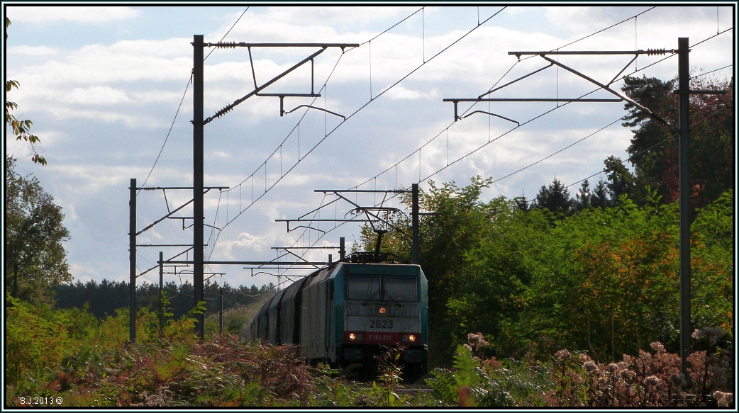 Herbststimmung im Preuswald bei Moresnet in Belgien.Hier verluft die Montzenroute.
Eine belgische Cobra (E-186) ist mit einen Coilzug unterwegs nach Aachen West.
Bildlich festgehalten im Oktober 2013.