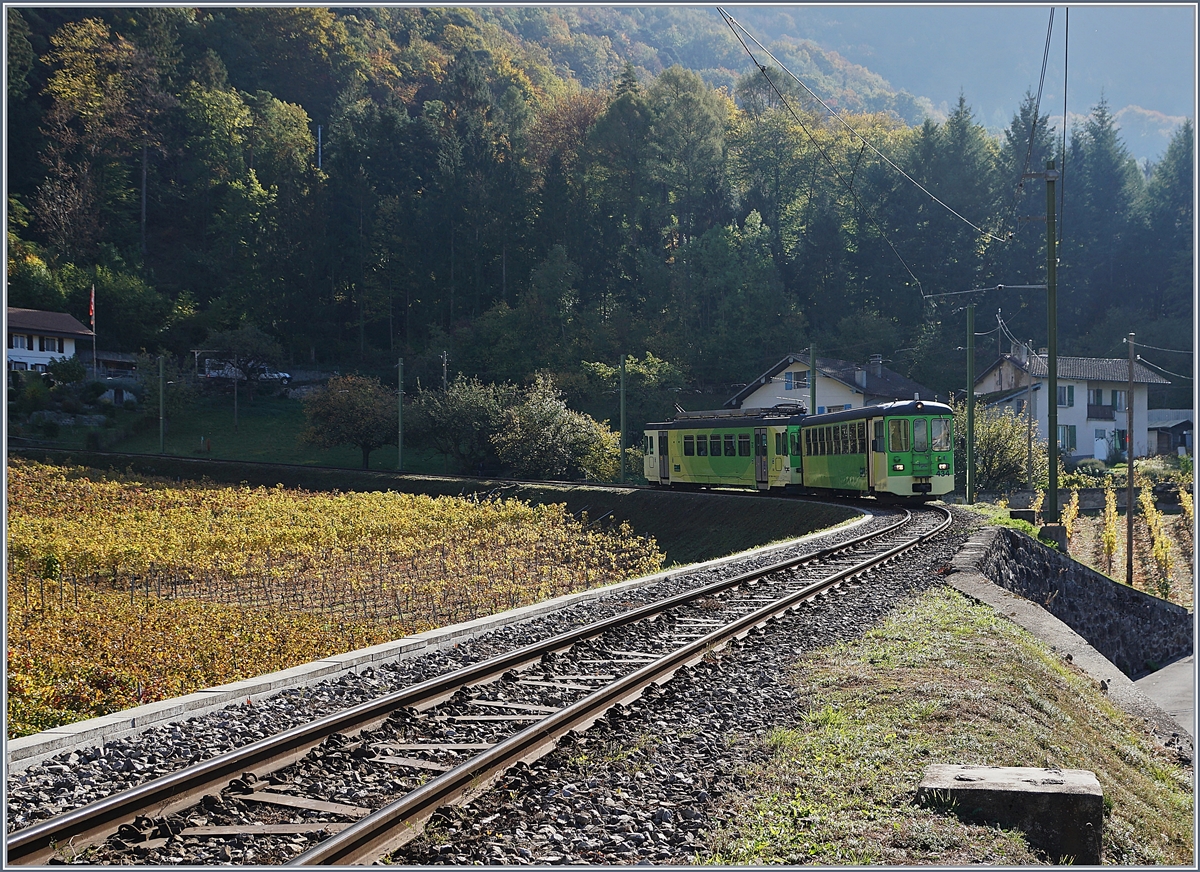 Herbstzeit, dies ist für mich auch die Saison der Gegenlichtbilder, um die leuchtenden, bunten Farben in Szene zu setzen.
Der aus Bt 434 und BDe 4/4 403 bestehende ASD Regionalzug 433 in den Weinbergen oberhalb von Aigle.

26. Oktober 2018