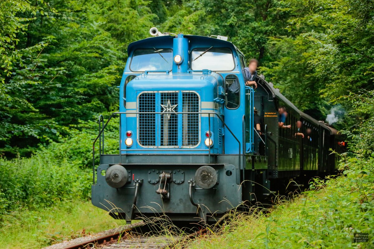 Hespertalbahn V1 (Henschel DH 360) am Baldeneysee in Essen Kupferdreh, Mai 2026.