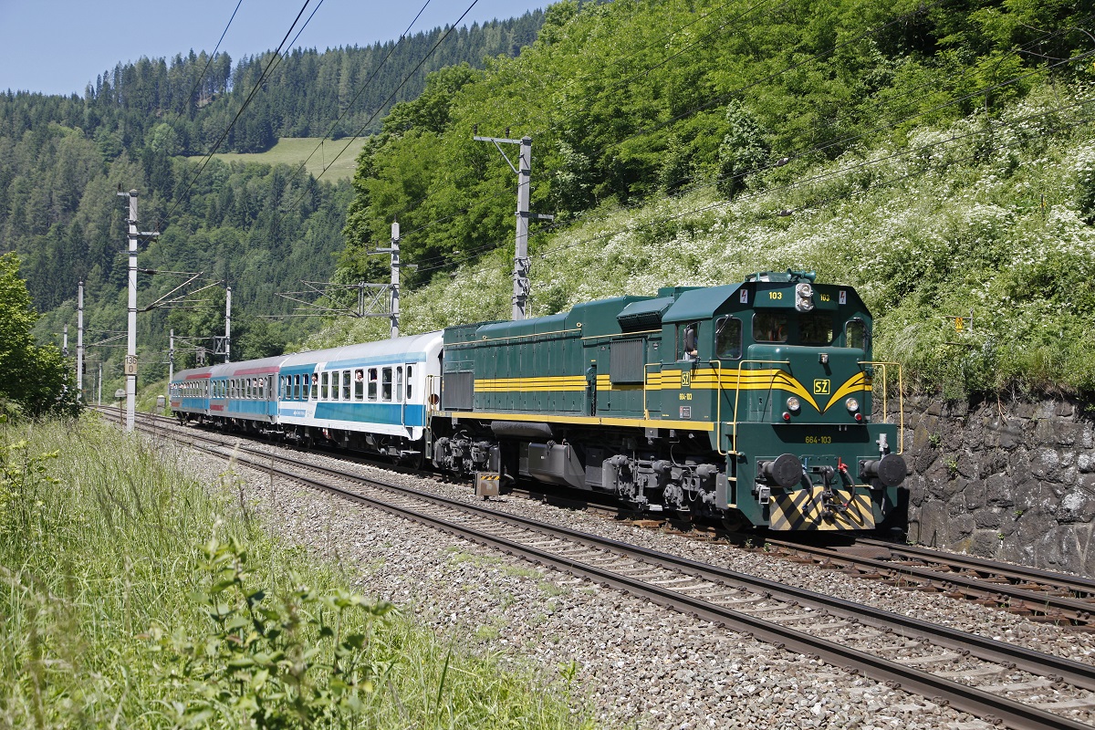 Heuer feiert das Südbahnmuseum in Mürzzuschlag das zehnjährige Bestandsjubiläum, die Semmeringbahn wird in diesm Jahr 160 Jahre alt. Aus diesen beiden Anlässen wurde am Pfingstsonntag dem 8.06.2014 in Mürzzuschlag ein Nostalgiefest gefeiert an dem insgesamt fünf Sonderzüge teilnahmen. Aus Slovenien kam die SZ 664-103 mit ihrem Sonderzug aus Maribor der hier bei Wartberg im Mürztal fotografiert wurde. 