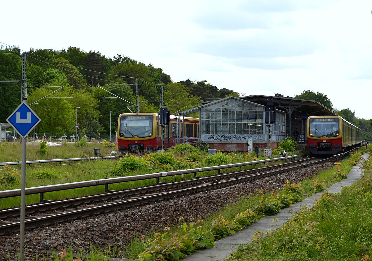 Heute eine ganz normale Station: zwei Züge der Berliner S-Bahnlinie 1 am Brandenburger Bahnhof  Griebnitzsee . 10.5.2014