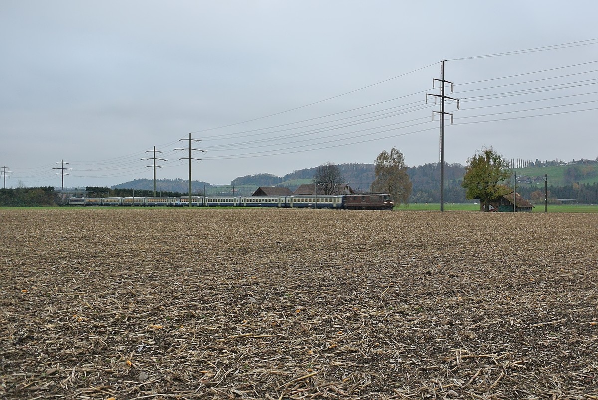 Heute verkehrte ein BLS Extrazug fr die Fans des SC Bern von Spiez ber Bern nach Kloten. Der Extrazug bestand aus der Re 425 192, 6 B EWI, 1 BD EWI, 1 AB EWI, A  Salon Bleu  EWI und Bt EWI. Das Bild entstand bei Wichtrach, 16.11.2013.