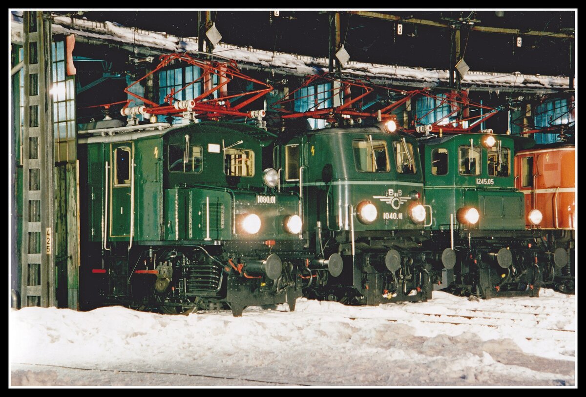 Heute vor genau 20 Jahren am 29.12.2001 wurde in Selzthal eine nächtliche Fotoparade veranstaltet. Die grünen Oldtimer 1080.01, 1040.01 und 1245.05 stehen fotogen vor dem Lokschuppen.