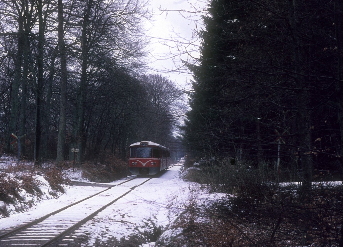 HHGB (Helsingør-Hornbæk-Gilleleje-Banen, Hornbækbanen) Ym + Ys in der Nähe von Hellebæk im März 1976.