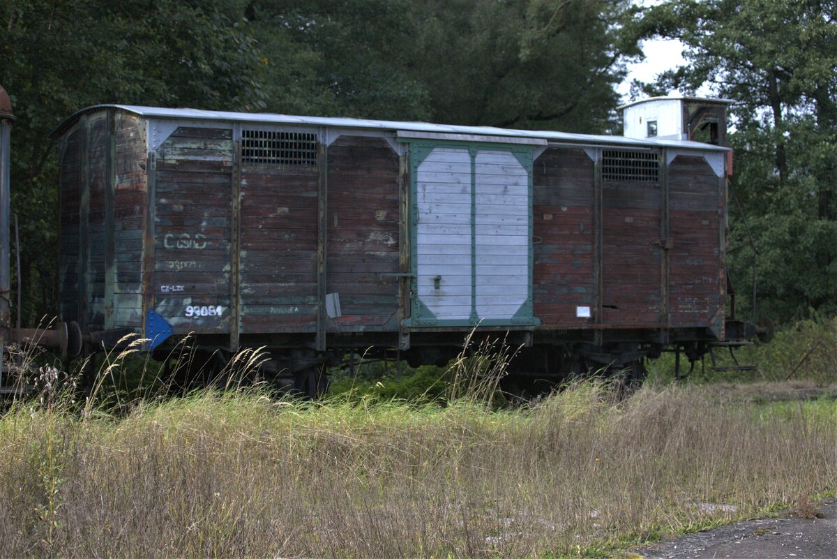 Hier auf dem Gelände eines Eisenbahnvereins wird dieser gedeckte Güterwagen  aufgearbeitet.Es steht auf dem Gleisen des Gleisdreiecks, welche sich in der Wildnis verlieren.02.10.2021 11:57 Uhr.
