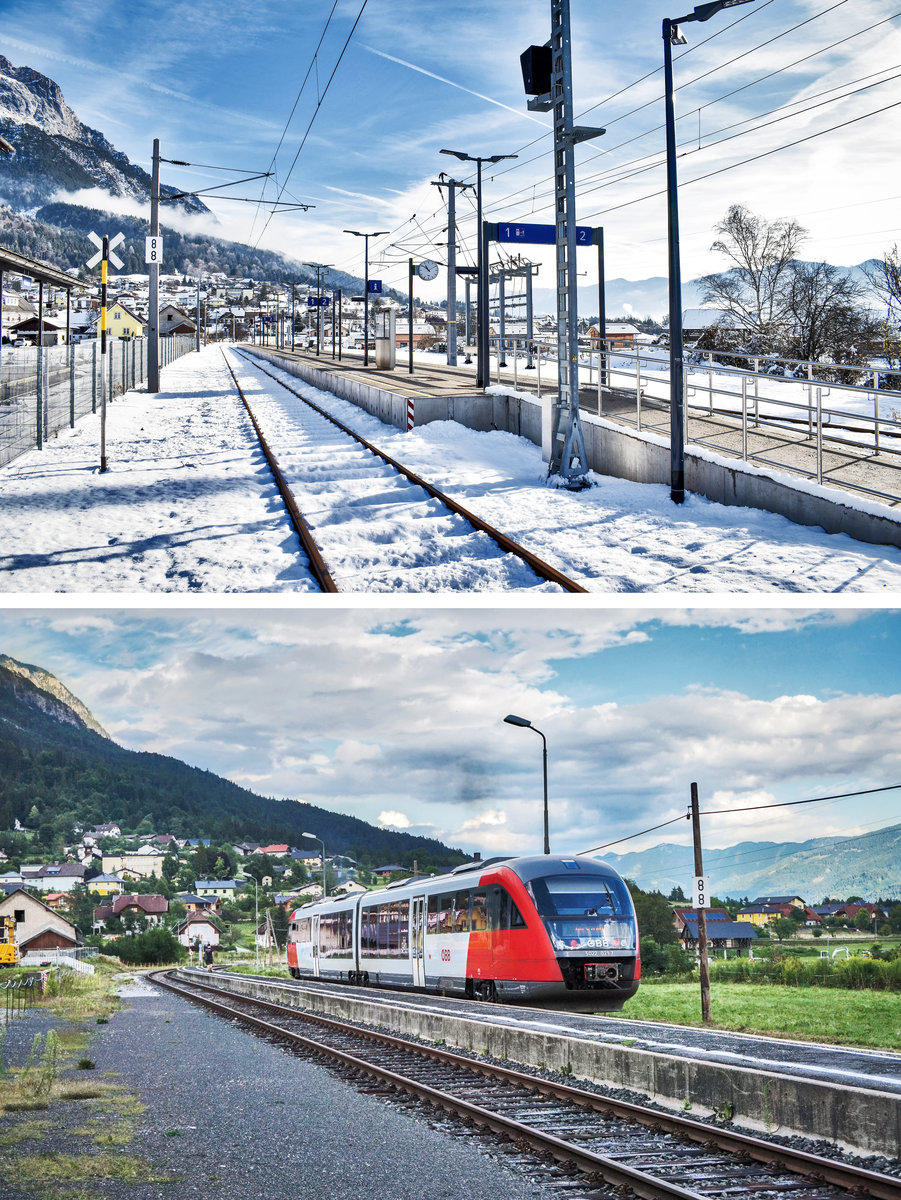 Hier ein kleiner Vergleich, wie sich die Gailtalbahn über die letzten beiden Jahren verändert hat,
Zu sehen ist beides Mal der Bahnhof Nötsch.
Oben am 15.12.2019,
Unten, noch mit einem 5022, am 28.07.2017.