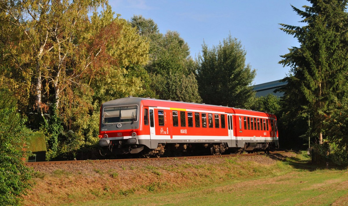 Hier ein Nachschuss von 928 449 der auf der Dreieichbahn auf dem Weg nach Dieburg ist. Als nchsten Haltepunkt wird er in Weibelfeld halten. Aufgenommen von einem Radweg direkt neben dem Bahnbergang am Ortseingang von Dreieich-Sprendlingen am 16.08.2013. 