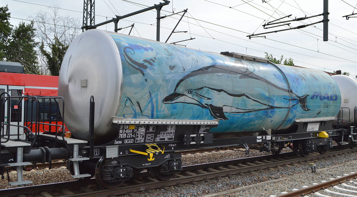 Hier einer von einer ganzen Reihe mit unterschiedlichen Tiermotiven beklebter Kesselwagen von der BSAS EisenbahnVerkehrs GmbH & Co. KG mit der Nr. 37 TEN 80 D-BSAS 7839 221-4 Zacns (GE) am 23.09.21 Bf. Golm (Potsdam).