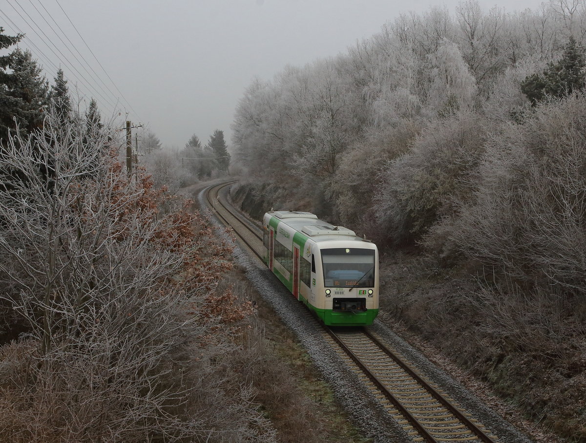 Hier die Elster Saalebahn (auch EB) mit einem VT aus Leipzig kommend in Richtung Saalfeld unterwegs. Dieser Zug erreicht gleich den Bahnhof Triptis. Aufgenommen am 25.01.2020 bei Raureif an den Bäumen. 