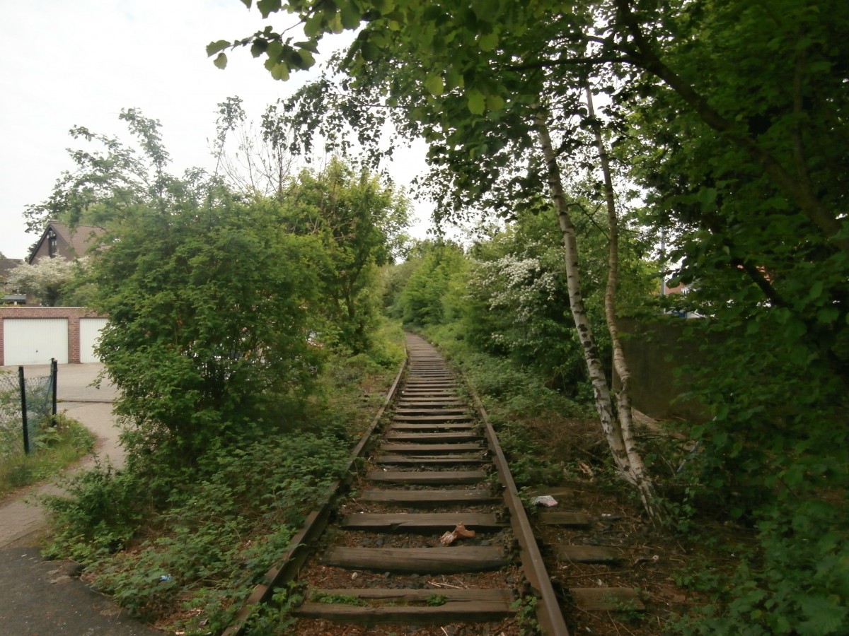 Hier haben die Anwohner sich einen Weg auf dem alten Gleis gebaut. Für Fußgänger sehr praktisch, für Fahrräder eher unprakisch. Mitte der 1950er Jahre wurden gleich zwei Anschlüsse für das NATO-Hauptquartier nordöstlich von Rheindahlen neu angelegt. Dies waren die Anschlußgleise Holt I(Bild) und Holt II der britischen Rheinarmee. Das Anschlußgleis Holt II verlief bis zum östlichen Ortsausgang Rheindahlens parallel zum Eisernen Rhein. Dort zweigte diese Anschlußbahn in nördlicher Richtung ab und endete auf einem Armeegelände kurz vor der Autobahn A 61 bei Genhülsen.
Rheindahlen 26.04.2014