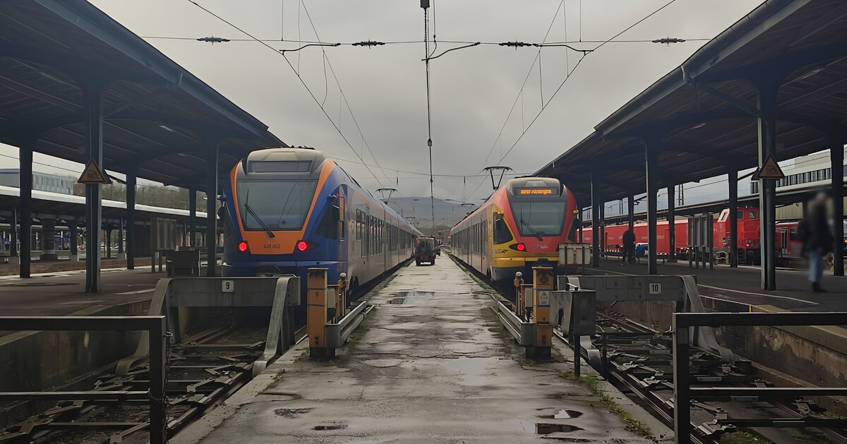 Hier im Kasseler Hauptbahnhof stehen zwei Stadler Flirts zweier verschiedener Bahnunternehmen. Auf Gleis 10 steht ein fünfteiliger Flirt der Hessischen Landesbahn. Auf Gleis 9 steht eine Dreifachtraktion Flirt der cantus Verkehrsgesellschaft.

Aufgenommen am 04.01.2024 um 13:04 Uhr.