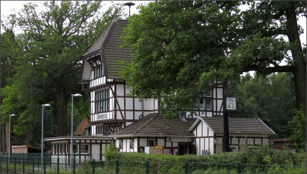 Hier noch ein Stimmungsfoto vom Bahnhof Kottenforst,gelegen an der Bahnstrecke Euskirchen-Meckenheim-Bonn.Idyllisch gelegen am Waldrand beherbergt dieser im Fachwerkstil erbaute Bahnhof ein Restaurant mit Biergarten. Als Sonntagsausflug immer mal eine Reise wert.Datiert vom August 2016.