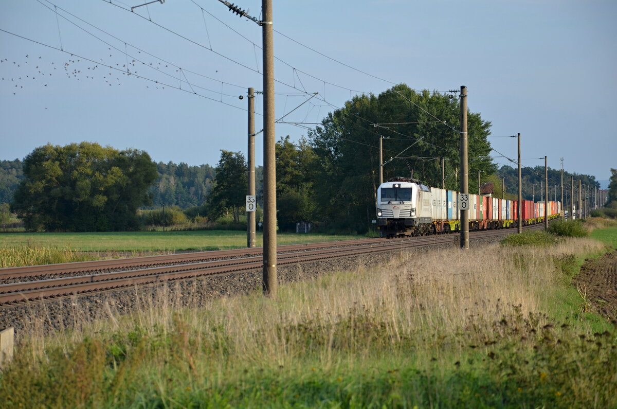 Hier sieht man einmal schön die ganze Zuglänge des Containerzugs den 193 617-8 zu ziehen hat. 
Aufgenommen am 23.09.2022 bei Triesdorf