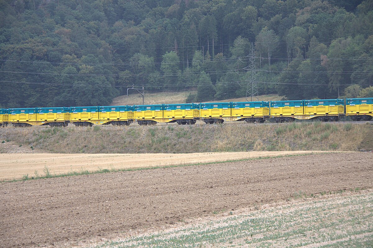 Hier sind am fr�hen Morgen des 15.08.2026 in der ausgetrockneten Landschaft bei den grossen Kiesgruben in der N�he von Weiach Containertragwagen abgestellt. Diese Container dienen meist zum Transport von Abruch- und Aushubmaterial. 
Hier wird Kies gef�rdert und auch Aushubmaterial abgelagert. Die Gruben m�ssen ja wieder gef�llt werden.