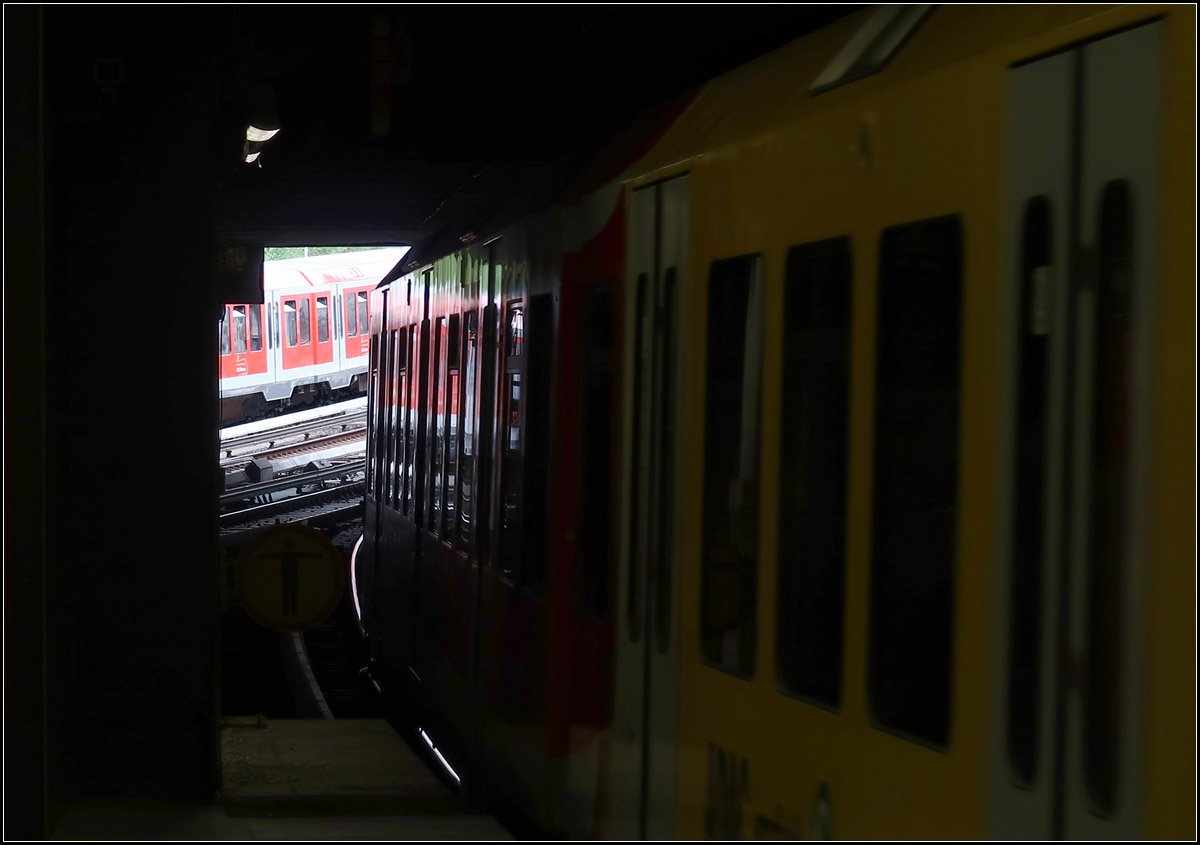 Hinaus ins Tageslicht / hinein ins Dunkel -

Während die S-Bahn rechts in Hamburg-Altona gleich den Citytunnel verlässt, kommt eine entgegenkommende Bahn die Rampe herunter.

15.08.2018 (M)

