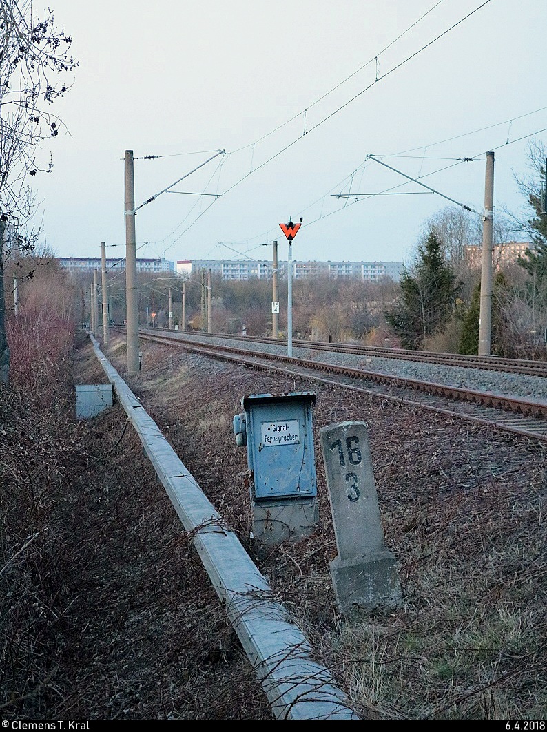 Historische Fernmeldetechnik in Form eines Signal-Fernsprechers nebst Kilometerstein in Halle (Saale), Naumburger Straße, auf der Bahnstrecke Merseburg–Halle-Nietleben (KBS 588). Im Hintergrund befindet sich noch ein Ra 11 (Rangierhaltsignal). Dieser Streckenabschnitt ist etwa 50 Jahre alt, wobei das linke Gleis bis kurz vor dem Hp Halle Zscherbener Straße seit 2011 stillgelegt ist. [6.4.2018 | 20:05 Uhr]