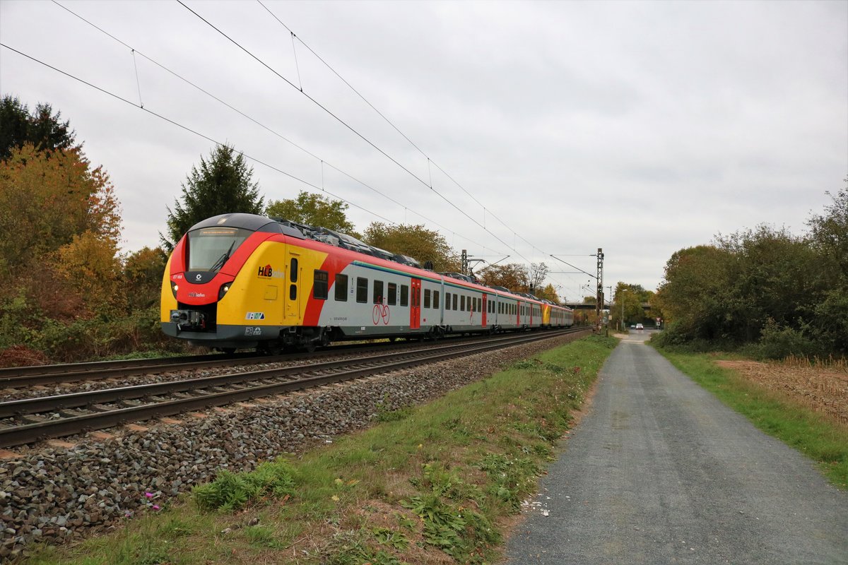 HLB Alstom Continental (Grinsekatze) 1440 169 (ET 196) und 1440 1xx (ET xxx) am 29.10.18 in Maintal Ost 