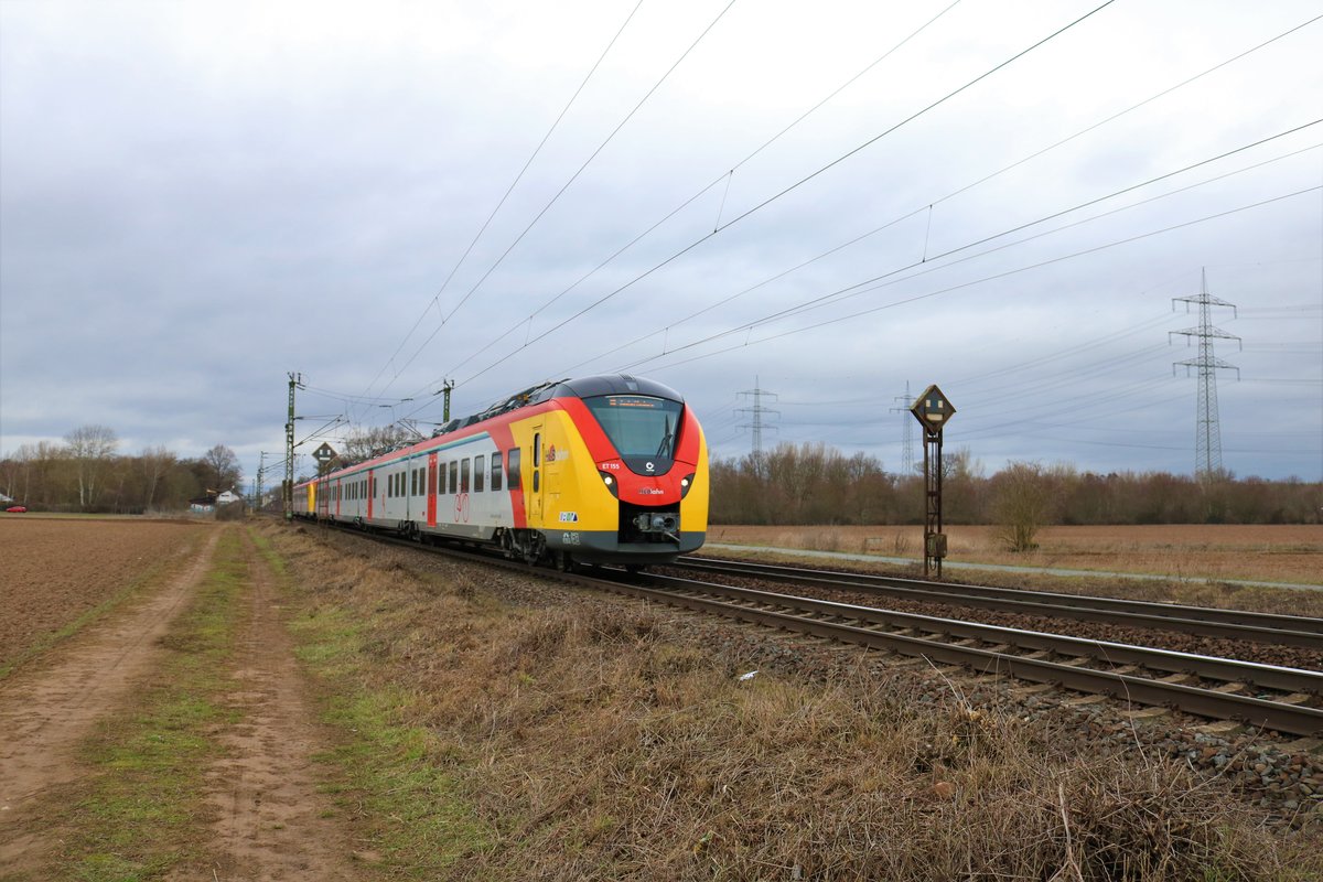 HLB Coradia Continental ET155 als RB75 am 08.02.19 in Mainz Bischofsheim Netztrennstelle 