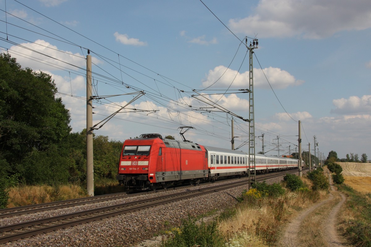 Hochwasserumleiter auf der KBS 310: 101 114-7 ist mit dem Urlaubsexpress von Ostseebad Binz nach Kln (IC 2425) auf dem Weg in Richtung Braunschweig. Fotografiert am 24.08.2013 in Wellen (b. Magdeburg).