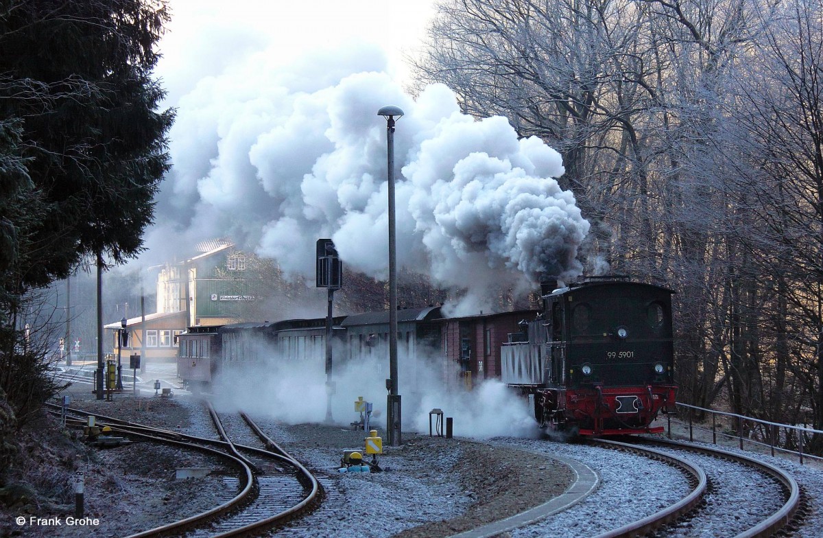 HSB 99 5901, ex NWE 11 (Bj. 1897, Arnold Jung) vor Sonderzug der IG HSB von Nordhausen zum Brocken, KBS 326 Nordhausen - Drei Annen Hohne, fotografiert bei der Ausfahrt aus dem Bf. Eisfelder Talmühle am 13.02.2016