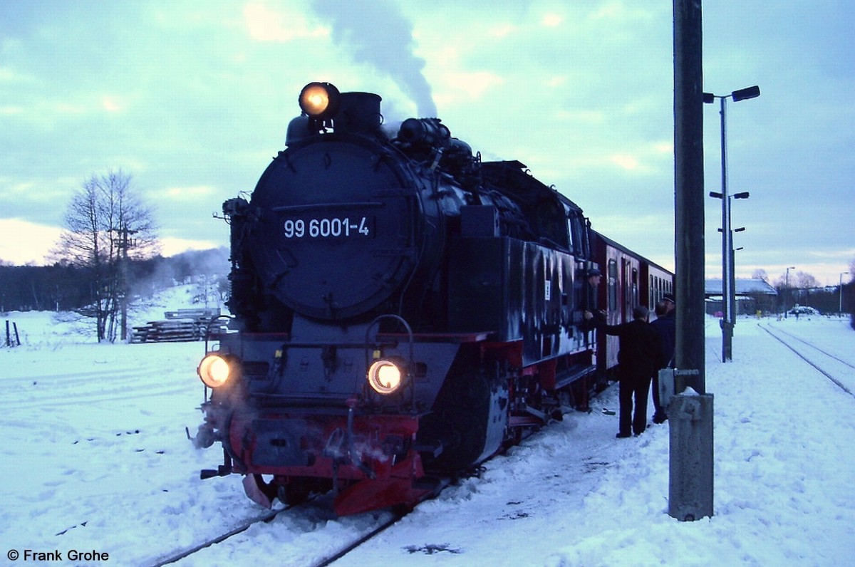 HSB 99 6001-4, ex NWE 21 (Bj. 1936, Krupp Essen) ist soeben mit einem Personenzug von Gernrode in den Bhf. Stiege eingefahren, KBS 333 Selketalbahn, fotografiert am 20.02.2005