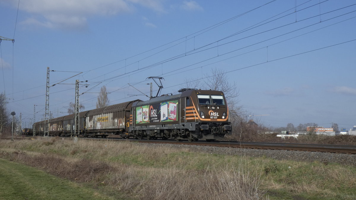 HSL Eisenbahnverkehrsunternehmen 187 537 mit der  ... gibt den Kindern das Kommando!  Bemalung in Hürth-Kalscheuren vom 2/27/2021