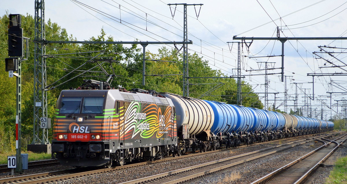 HSL Logistik GmbH, Hamburg [D] mit  185 602-0   [NVR-Nummer: 91 80 6185 602-0 D-BRLL] und dem tschechischem Kesselwagenzug am 24.09.20 Bf. Golm (Potsdam).